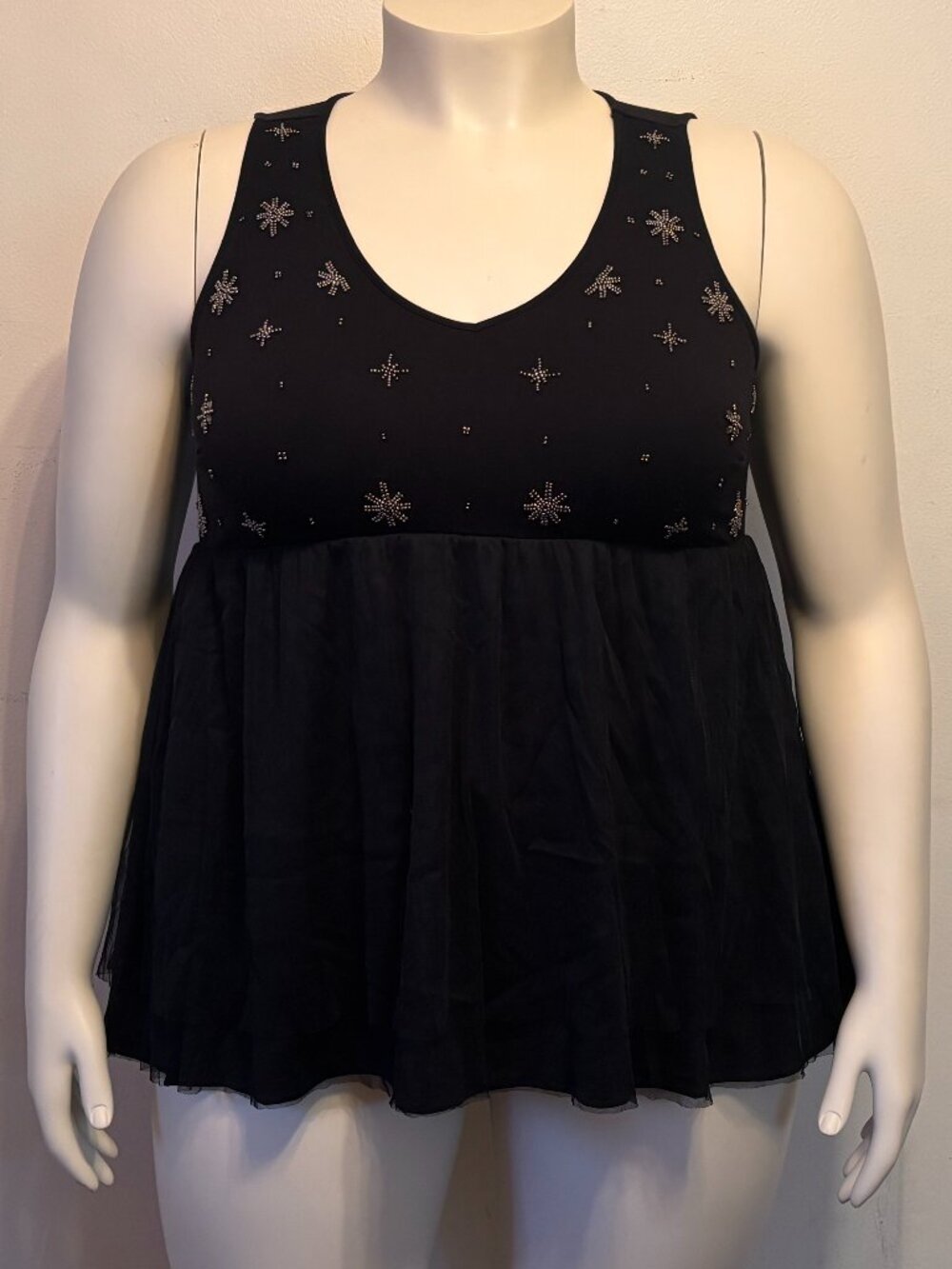 Torrid Plus 2X Black Knit Scoop Neck Babydoll Top w/Beading and Mesh Layers NWOT